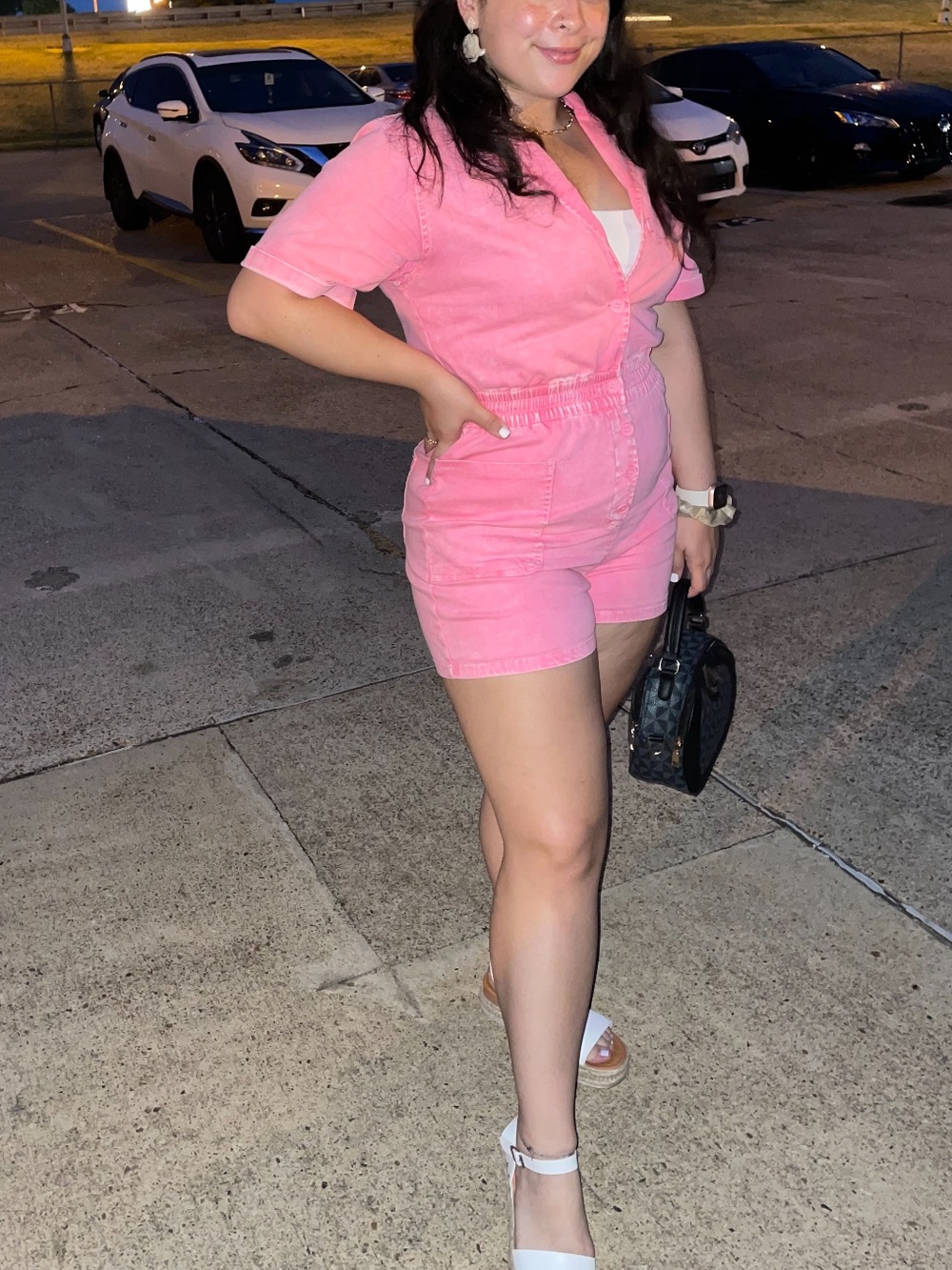 Pink denim romper